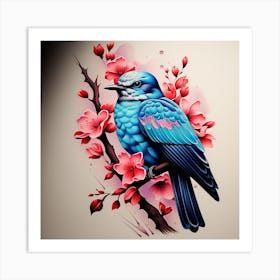 Blue Bird With Cherry Blossoms Art Print