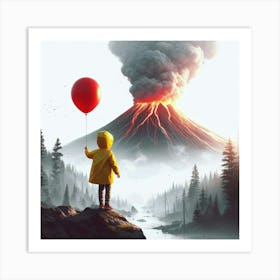 It'S A Beautiful Day a boy wearing a yellow rain coat holding a red ballon, standing in front of a smokey volcano, digital art Art Print