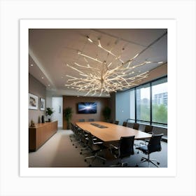 Modern Conference Room With Large Wooden Table And Branch Like Chandelier Art Print