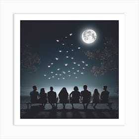 People Watching The Moon.A group of people sitting under the moonlight looking at flying lights Art Print