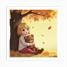 A Young Girl With A Teddy Bear, Sitting Under A Tree, With Autumn Leaves Falling Around Her Art Print