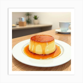 Watercolor Portrayal Of A Decadent And Creamy Caramel Flan On A Modern Dining Table Art Print