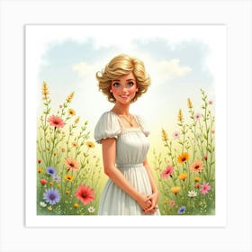 Princess Diana Smiling In A Dreamy Watercolor Floral Meadow Scene 1 Art Print