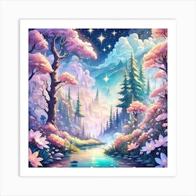 A Fantasy Forest With Twinkling Stars In Pastel Tone Square Composition 390 Art Print