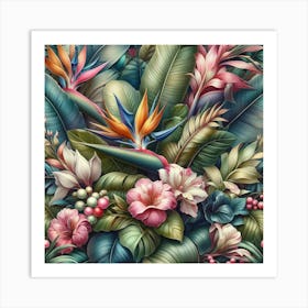 Pattern of tropical leaves and flowers Art Print