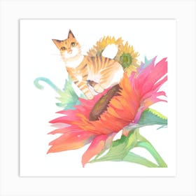 Cat On Sunflower Art Print