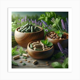 Herbal Supplements In Wooden Bowls Art Print