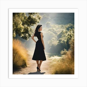 Beautiful Woman In Black Dress In The Forest Art Print