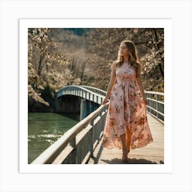 Beautiful Girl Walking On A Bridge Art Print