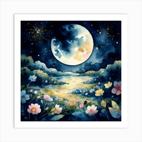 Moon And Flowers 3 Art Print