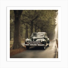 Vintage Car on the forest road Art Print