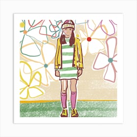 Girl With Flowers square Art Print