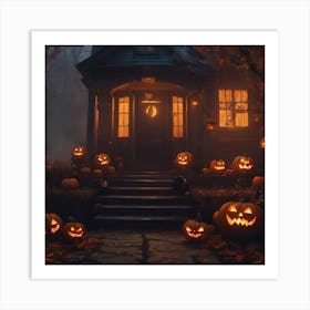 Halloween House With Pumpkins Art Print