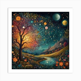 Tree In The Night Sky Art Print