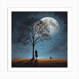 Shadow of the girl with the tree near the full moon 1 Art Print