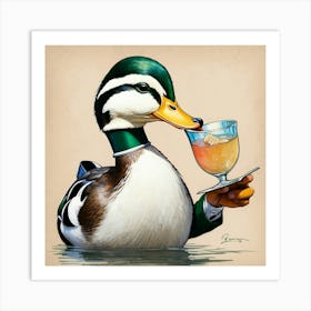 Duck With A Drink Art Print