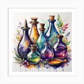 Watercolor Of Potion Bottles Art Print