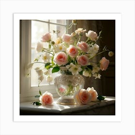 Pink Roses In A Vase Art Print