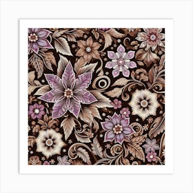 Batik, Purple And Brown Floral Pattern  Art Print