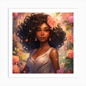 Artwork of An Afro Melanin Queen with Crown of Flowers Art Print