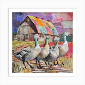 Kitsch Geese Collage Outside Barn 2 Art Print
