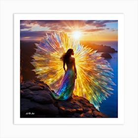 Candid Color Picture Of A Woman In A Glossy Dress Standing At The Edge Of A Cliff Overlooking The Ocean While The Sune Rises while being Protected By A Abstract Crystal Shield Art Print