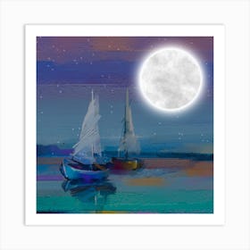 Moonlight Sailboats Art Print