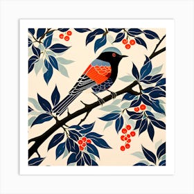 Japanese Sashiko Quilting, Bird On a Branch, folk art, 157  Art Print