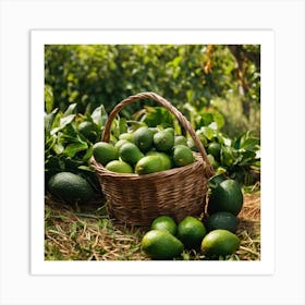 Green Avocados In A Basket On The Grass Art Print