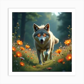 A Fanciful Wolf With Glowing Eyes, Running Through A Meadow Filled With Luminous Flowers Art Print