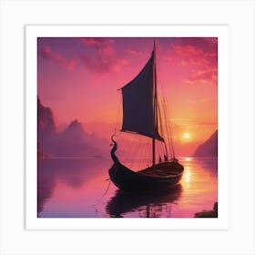 Viking Ship At Sunset Art Print