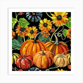 Autumn harvest of pumpkins, berries and sunflowers Colorful pumpkins and pumpkin harvest 2 Art Print