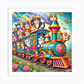 Steam Train with cats Art Print