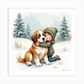 Watercolor Of A Child Hugging A Saint Bernard In A Snowy Landscape Art Print