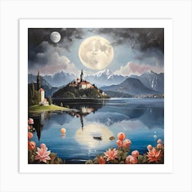 Full Moon Over Lake Bled Art Print