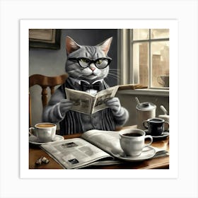 Cat Reading Newspaper Art Print