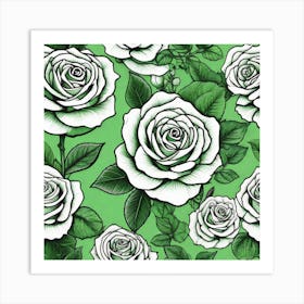 White Roses On Green Background 2 Art Print