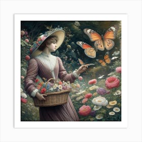 Lady With Basket Of Butterflies Art Print