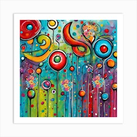 Colorful Abstract Painting- Vibrant colors and whimsical shapes come together to create a fantastical garden-like scene with abstract floral and circular elements. Bold, fluid lines and contrasting hues give the piece a sense of movement and joyful energy Expressionism Art Print