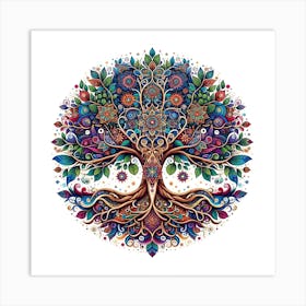 "Kaleidoscopic Canopy: The Mystical Tree of Wonders" - This artwork is a dazzling celebration of life and nature, where each leaf and branch of the Tree of Life is adorned with intricate, mandala-inspired patterns, bursting with a vibrant spectrum of colors. This visual feast signifies the interconnectedness of all beings and the pulsating energy of the natural world. Perfect for those who appreciate a blend of cultural symbolism and enchanting artistry, this piece is designed to be a mesmerizing focal point, inviting viewers to lose themselves in the details and find inspiration in the beauty of diversity. Art Print