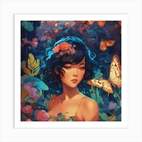 Asian Girl With Butterflies Art Print