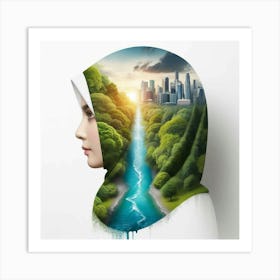 A young woman wearing a hijab with a beautiful landscape of a city and a river flowing through a forest printed on it, symbolizing the harmony between nature and urban life, and the potential for a sustainable future where both can coexist Art Print