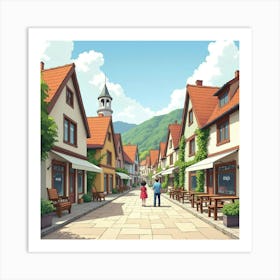 Charming Village Square In Watercolor, With Quaint Shops And Street Performers 1 Art Print