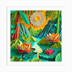 Firefly Beautiful Modern Abstract Lush Tropical Jungle And Island Landscape And Lotus Flowers With A Art Print