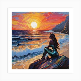 Lonely Mermaid By The Sea Sunset Art Print