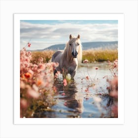 White Horse In Water Art Print