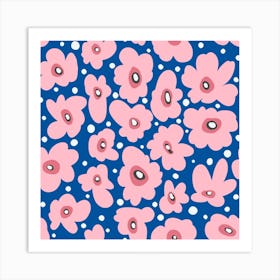 Scandi Nature Flowers Cobalt Square Art Print