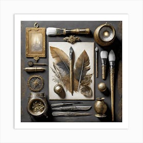 Firefly A Masculine Vintage Italian Inspired Flatlay Of A Creative Workspace For Oil Painting, Styli (1) Art Print