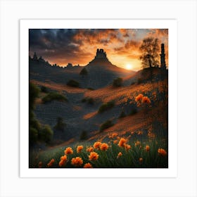 Sunset With Flowers Art Print