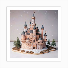 A detailed model of a fairytale castle made from paper, with snow falling. Art Print